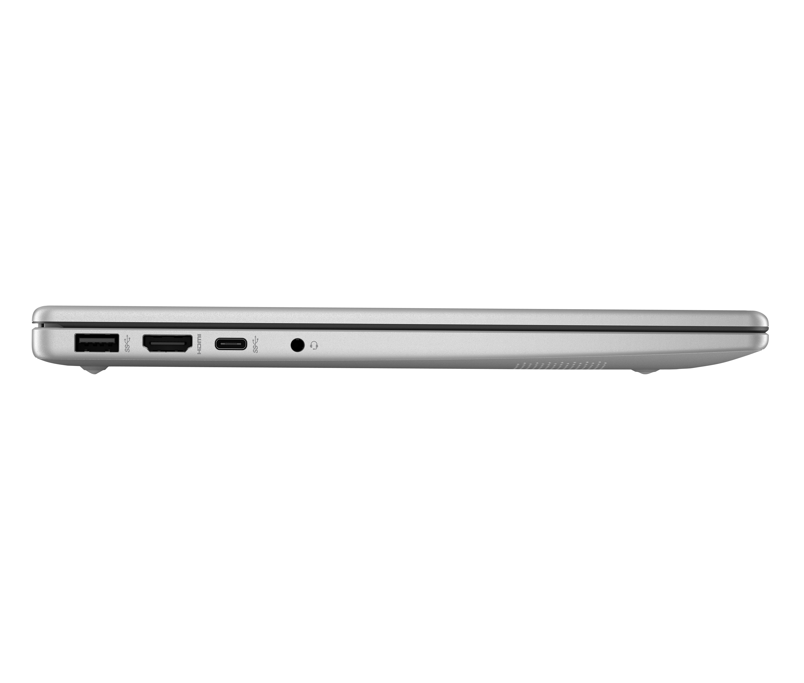 Seitenansicht eines silbernen Laptops auf schwarzem Hintergrund. Zeigt mehr Anschlüsse als das vorherige Bild.