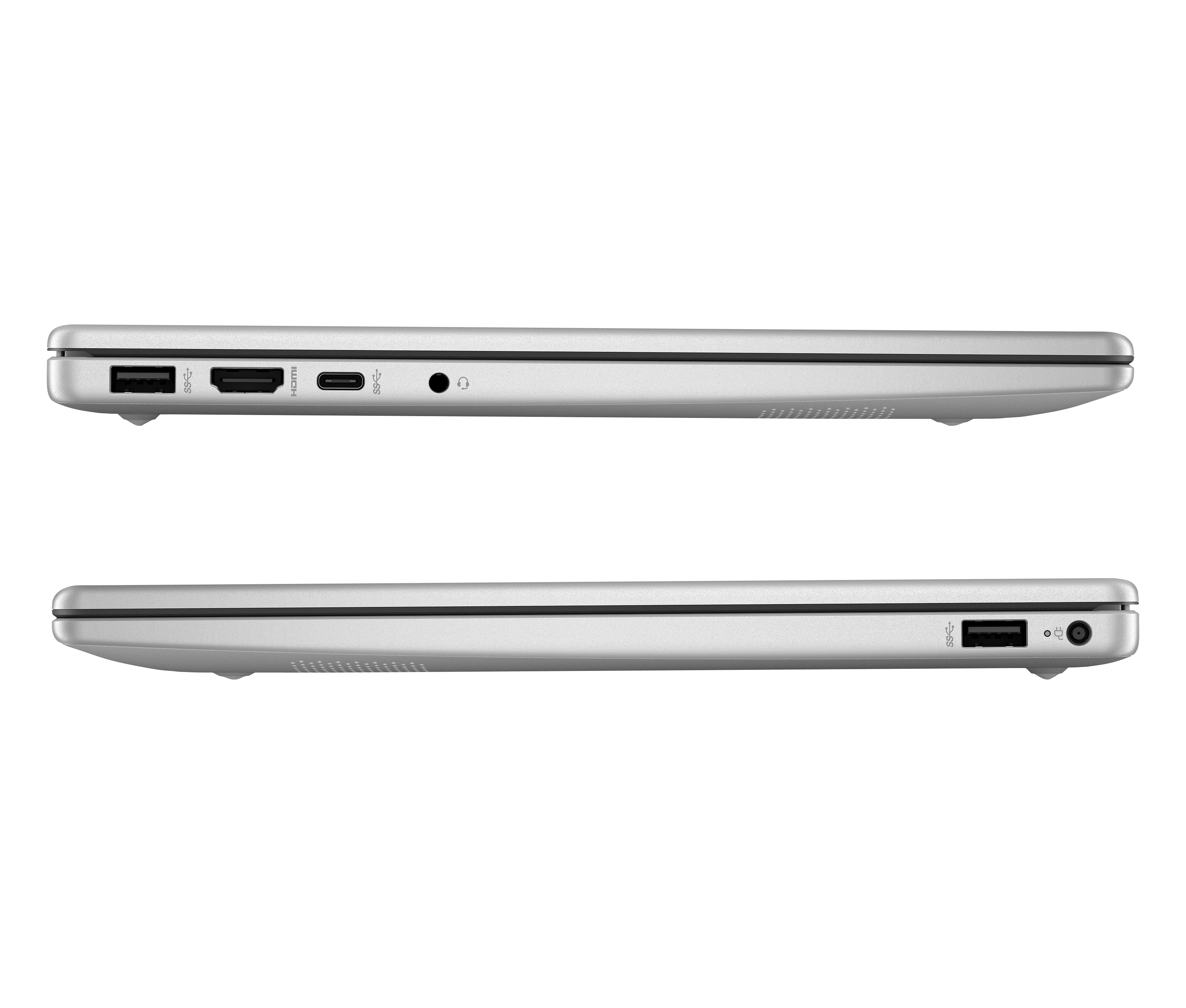Zwei Seitenansichten eines silbernen Laptops auf schwarzem Hintergrund. Zeigt Anschlüsse und schlankes Design.
