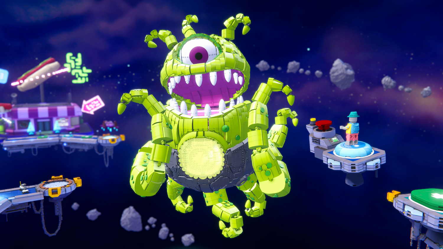 Una figura de Lego de un monstruo verde en el espacio.