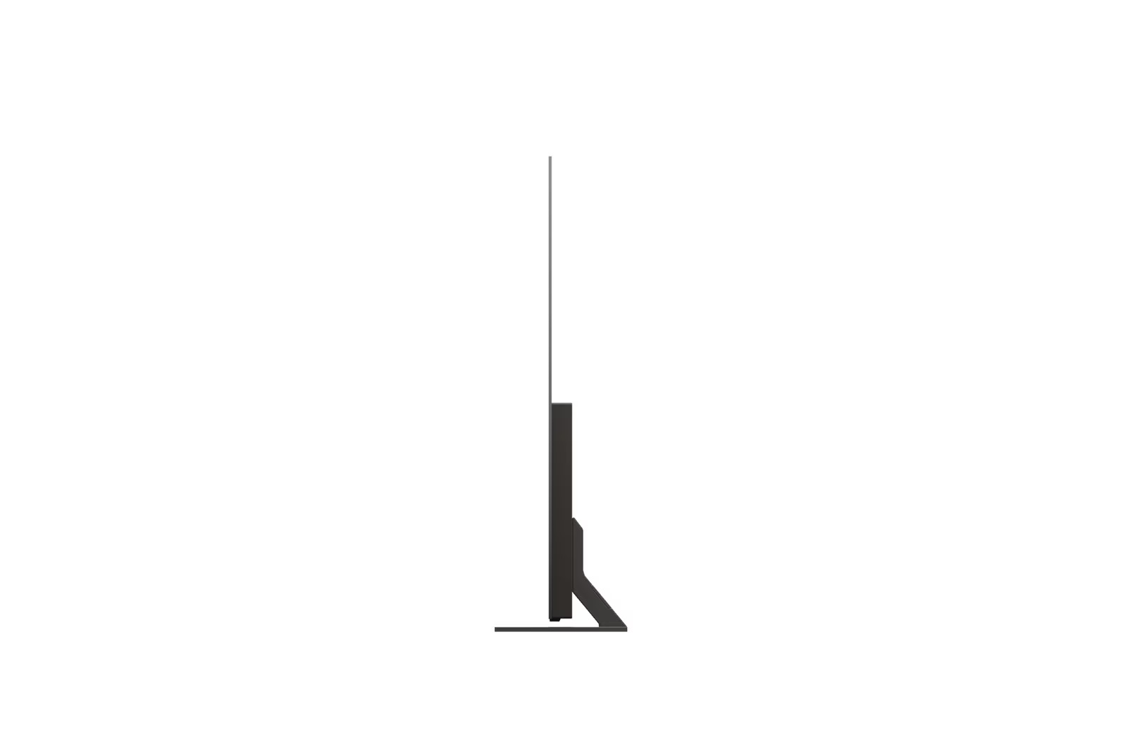 Siyah bir LG TV'nin ayak üzerindeki yan profili, minimalist tasarım.