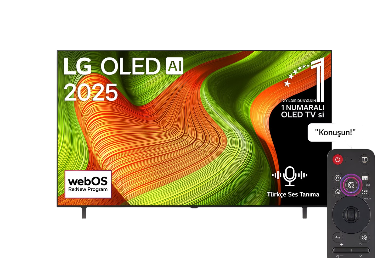 Renkli bir görüntü gösteren LG OLED TV, sesli komut düğmeli uzaktan kumanda.