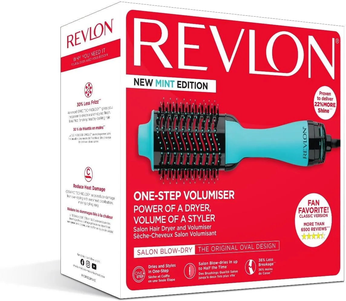 Pudełko do stylizacji włosów Revlon, nowa edycja miętowa, ze zdjęciem stylizatora.