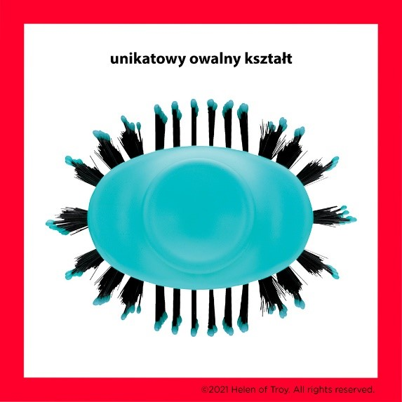 Widok z góry na turkusowo-czarną szczotkę do stylizacji włosów. Unikalny owalny kształt.