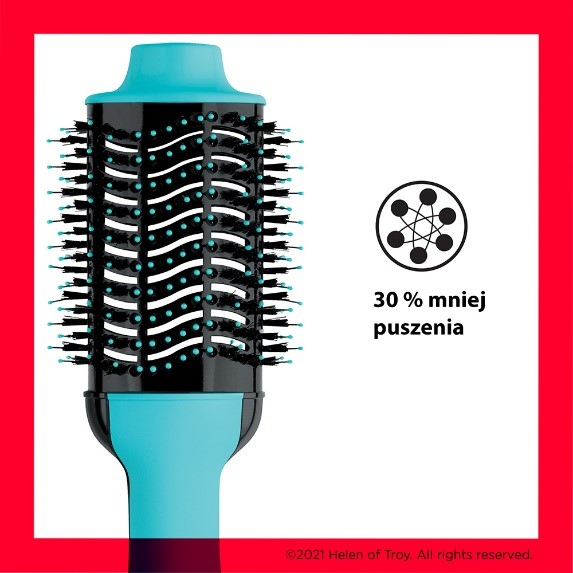 Niebiesko-czarna szczotka do suszenia włosów. Ma włosie i uchwyt.