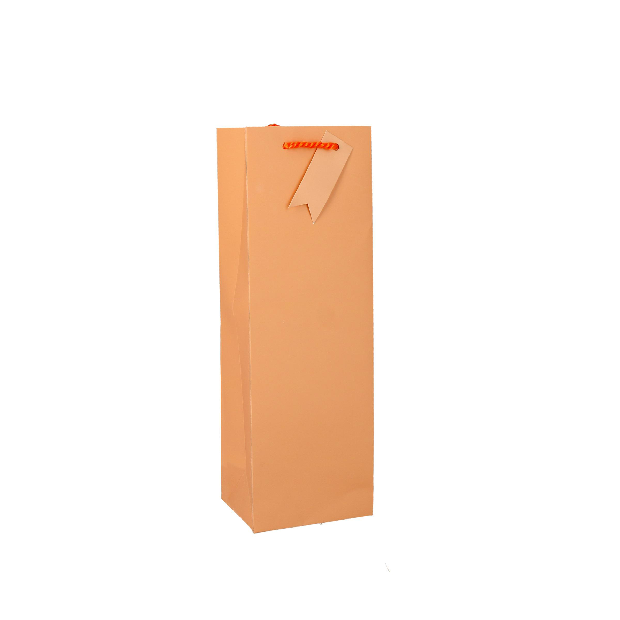 Eine pfirsichfarbene Geschenktüte steht aufrecht. Sie hat einen Griff und ein Etikett. Der Hintergrund ist weiß.