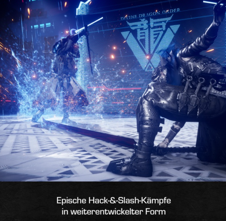 Zwei Figuren kämpfen in einer futuristischen Umgebung mit Textüberlagerung.