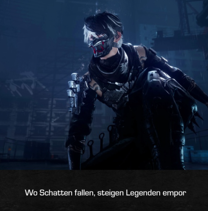 Ninja in Schwarz, maskiert, in dunkler Umgebung mit Textüberlagerung.