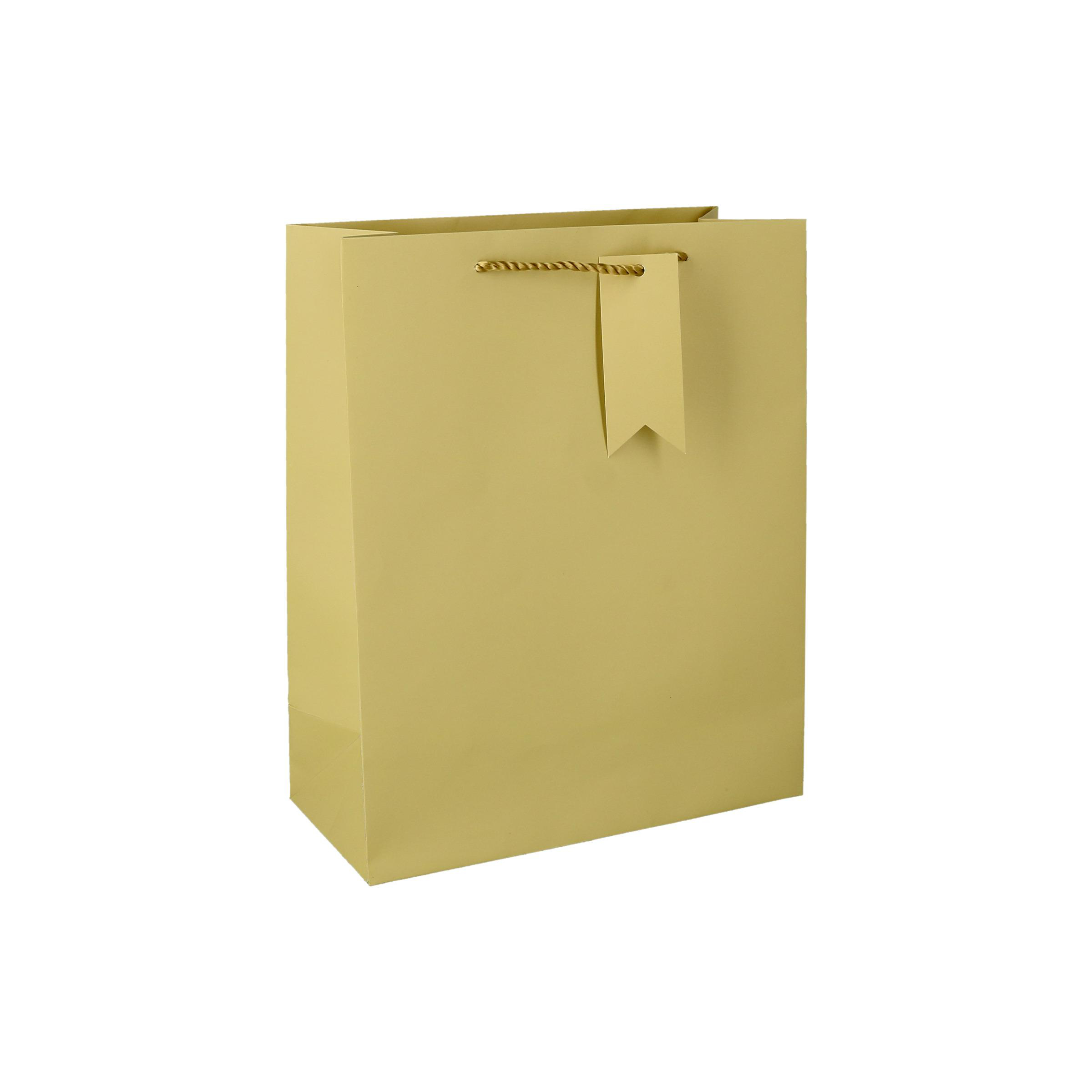 Goldene Geschenktüte mit goldenem Band und Anhänger auf weißem Hintergrund.