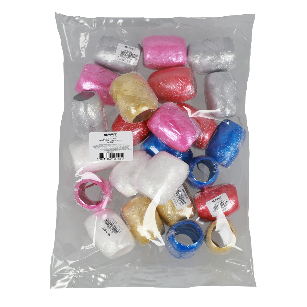 Eine transparente Plastiktüte, gefüllt mit bunten Spulen aus Bändern in verschiedenen Farben.