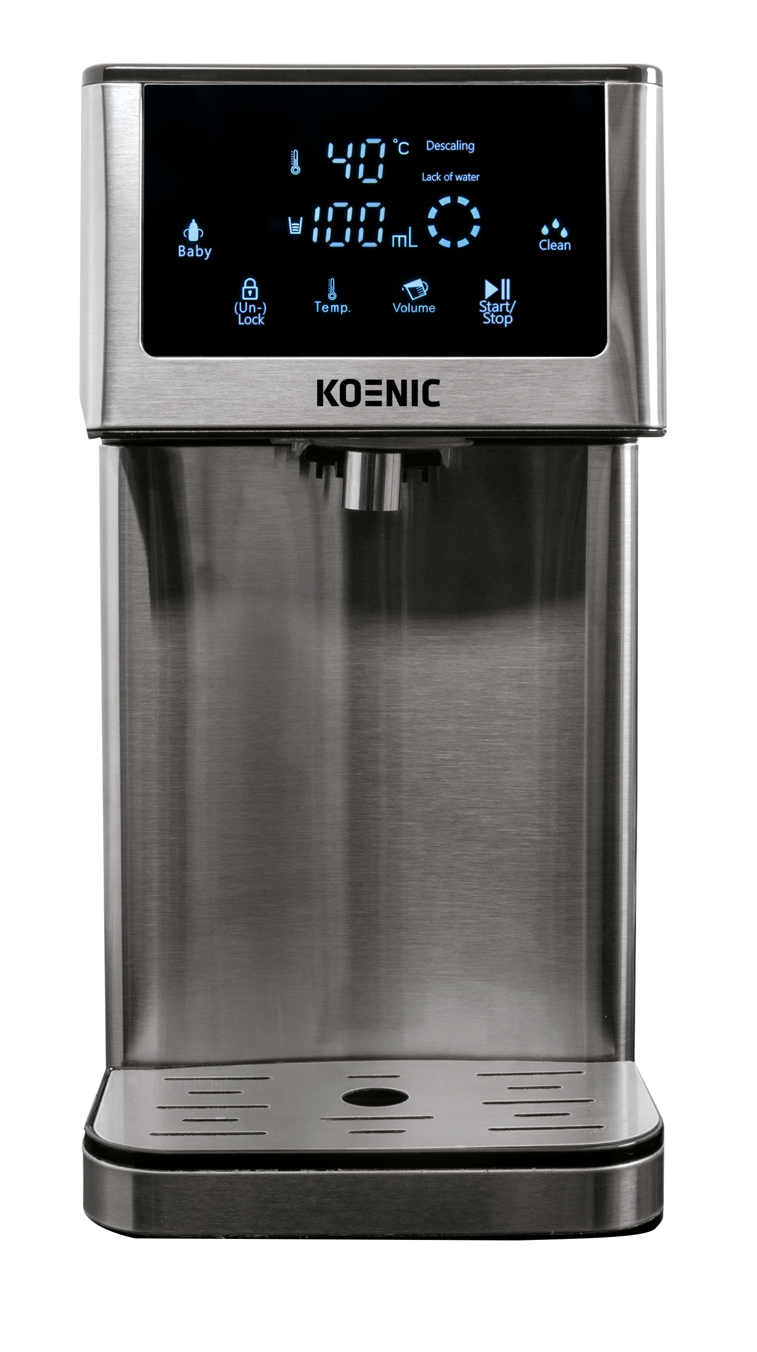 Ein silberner und schwarzer elektrischer Wasserspender mit digitaler Anzeige von Temperatur- und Volumeneinstellungen.