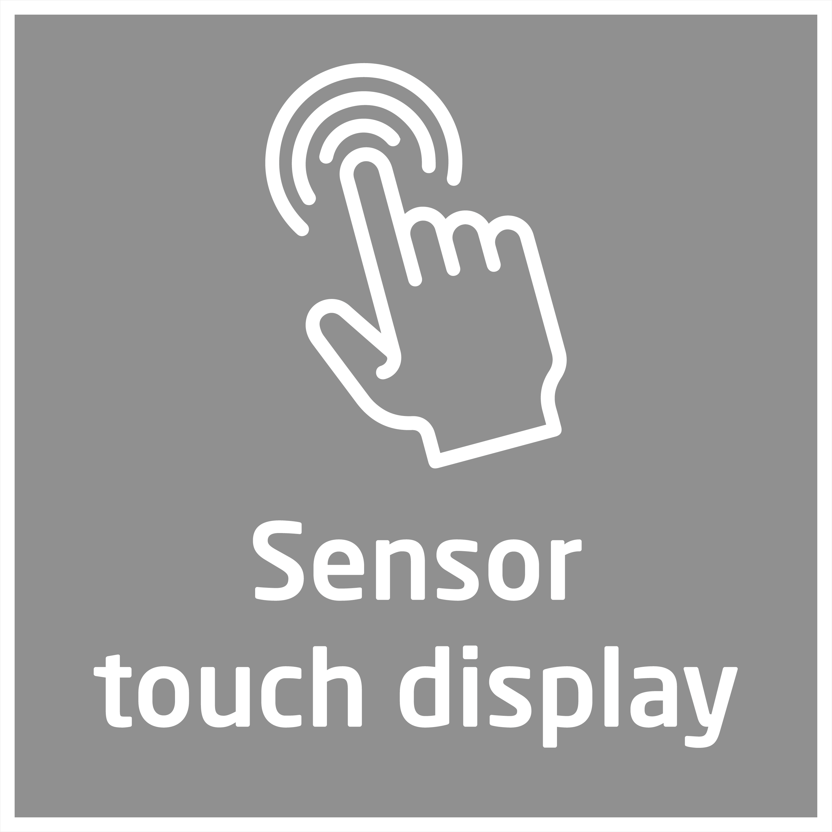 Weiße Hand berührt Kreise, mit Text 'Sensor-Touch-Display' auf grauem Hintergrund. Weißer Rahmen umgibt das Quadrat.