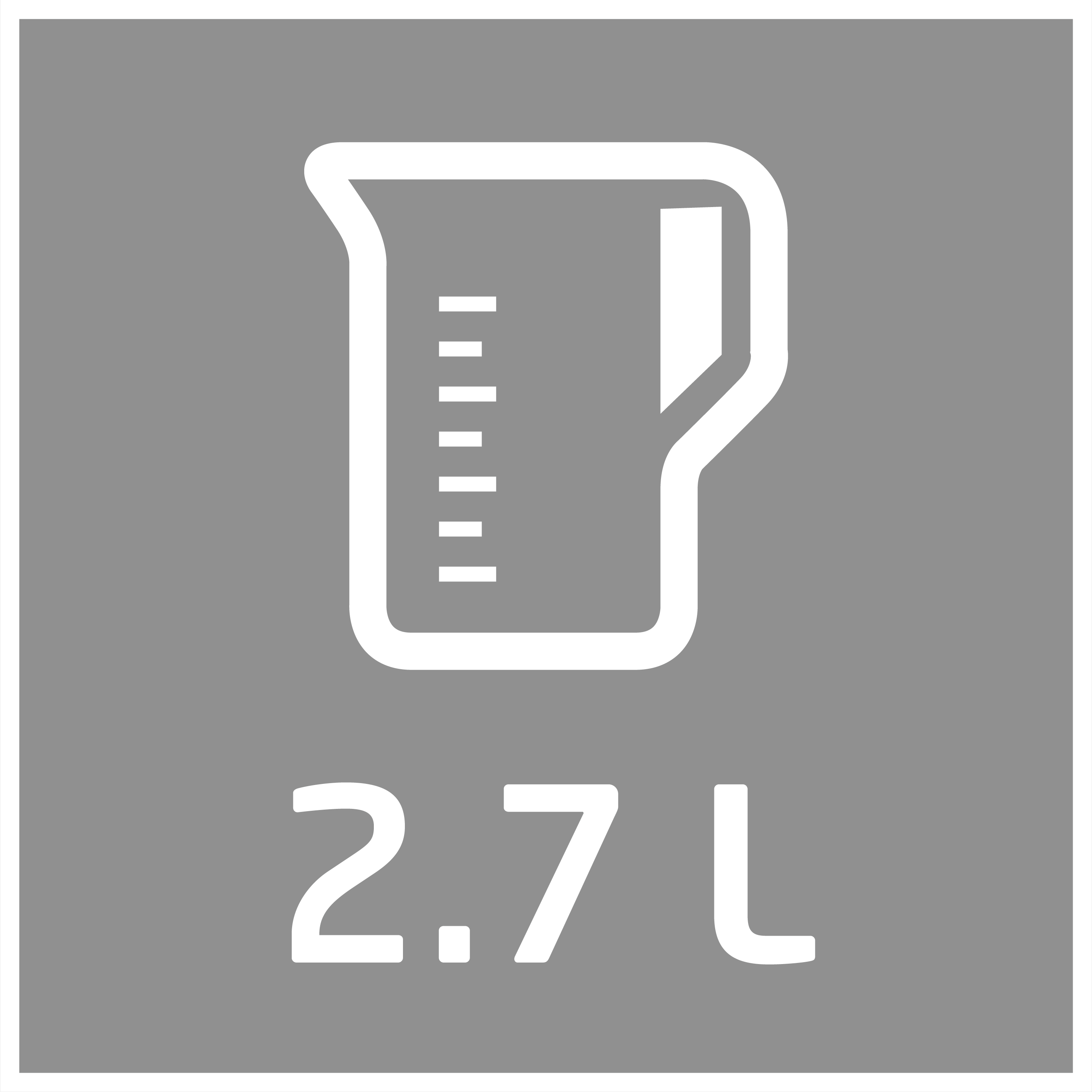 Ein weißes Messkannen-Symbol mit 2,7 L Text auf grauem Hintergrund.
