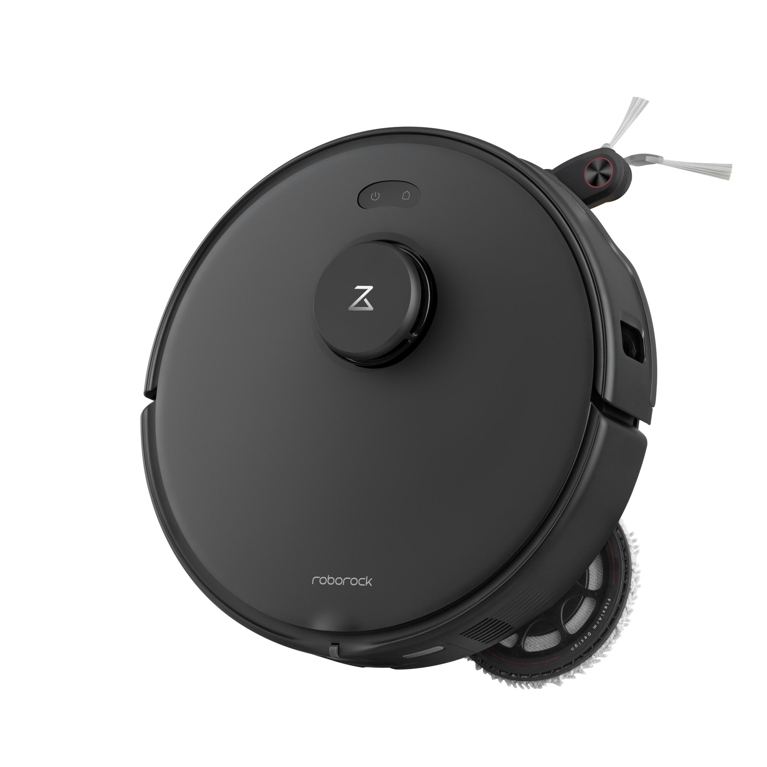 Schwarzer Roboter-Staubsauger mit runder Form, weißer Hintergrund.