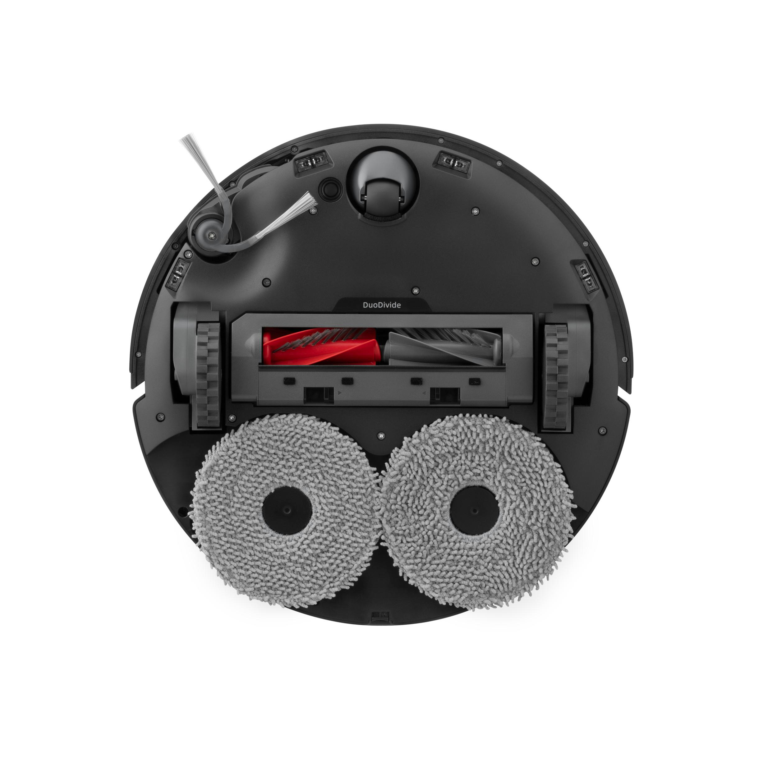 Unterseite eines schwarzen Roboter-Staubsaugers, weißer Hintergrund.