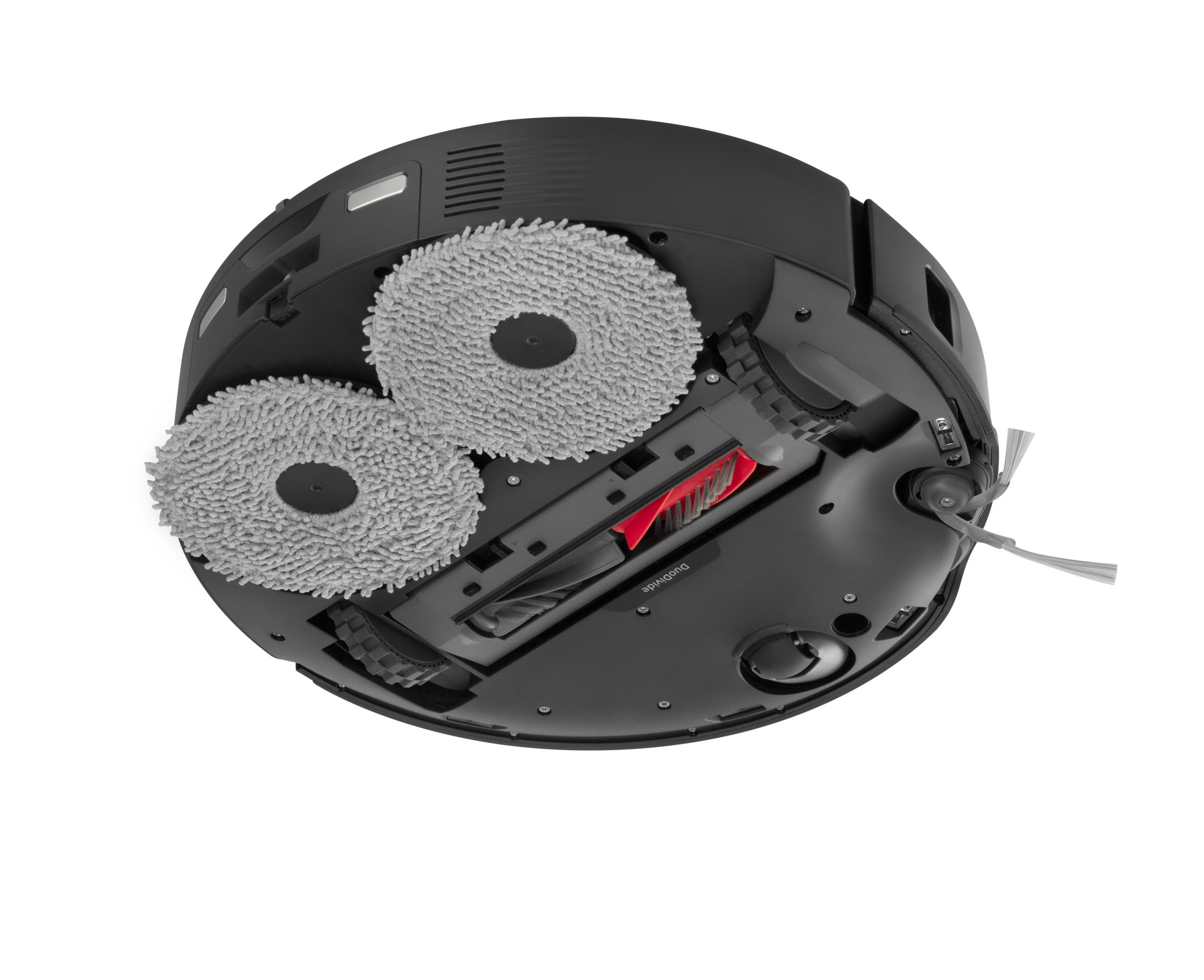 Unterseite eines schwarzen Roboter-Staubsaugers, weißer Hintergrund.