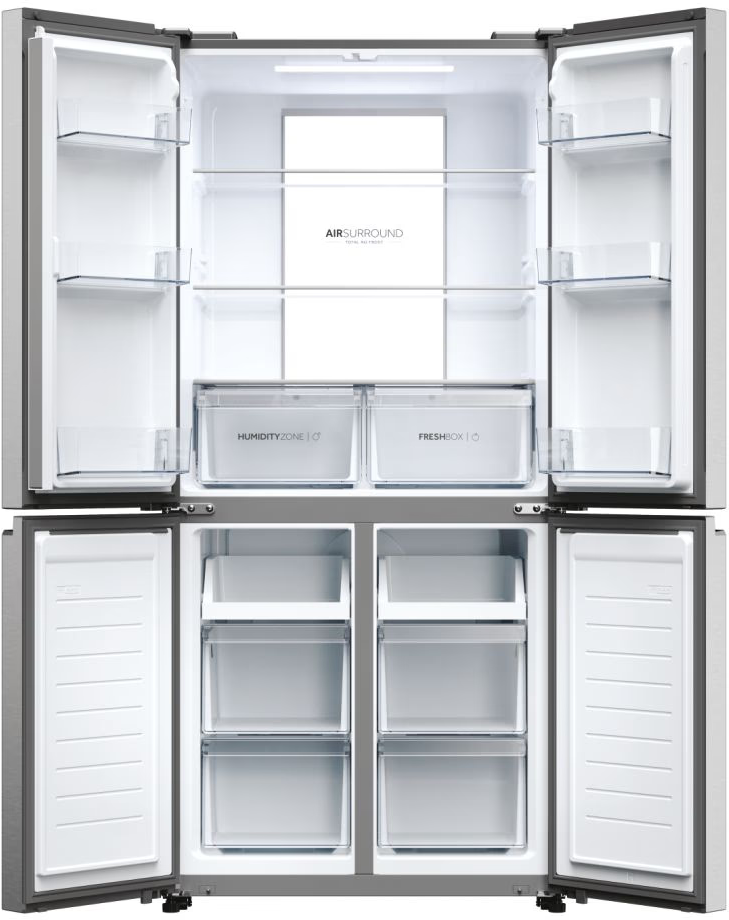 Réfrigérateur Haier ouvert montrant étagères, tiroirs et système AIR SURROUND, intérieur blanc.