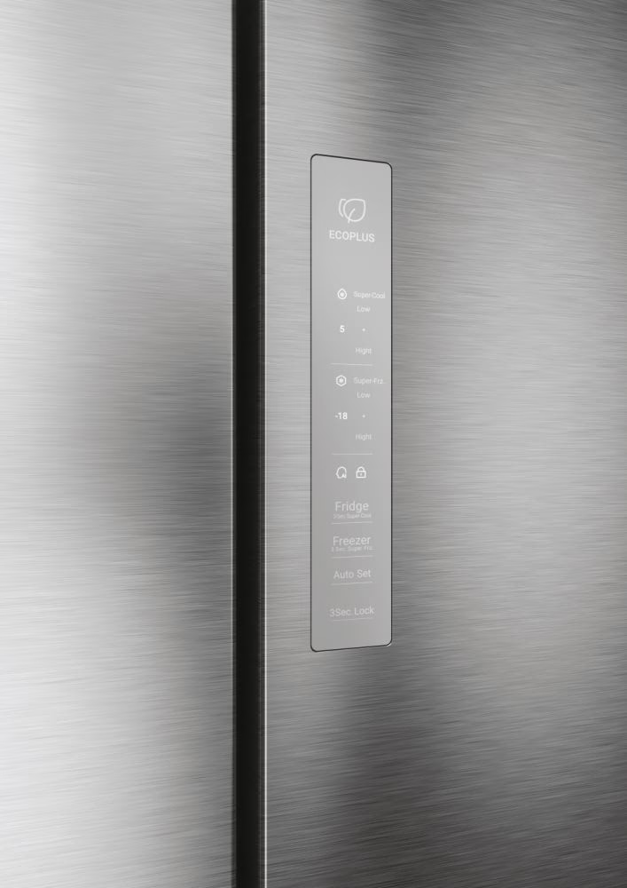 Gros plan sur le panneau de commande d'un réfrigérateur Haier, affichant ECOPLUS et autres réglages.