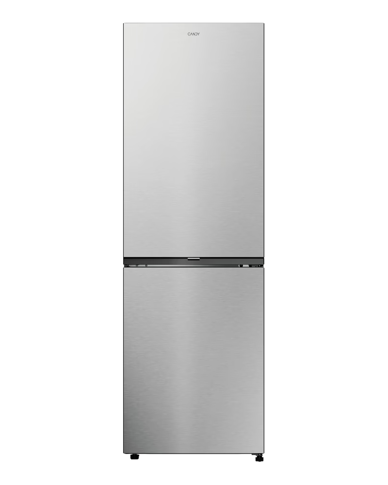 Ein silberner Candy-Kühlschrank vor schwarzem Hintergrund.