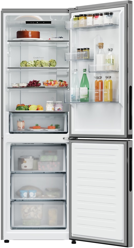 Geöffneter silberner Kühlschrank mit Lebensmitteln auf Regalen und Kuchen.