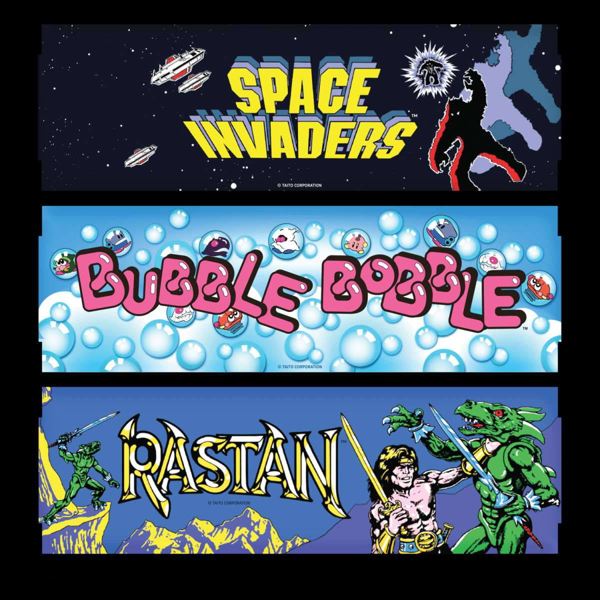Trzy banery gier zręcznościowych: Space Invaders, Bubble Bobble i Rastan. Każdy z nich zawiera charakterystyczne logotypy i postacie, z kolorowym tłem.
