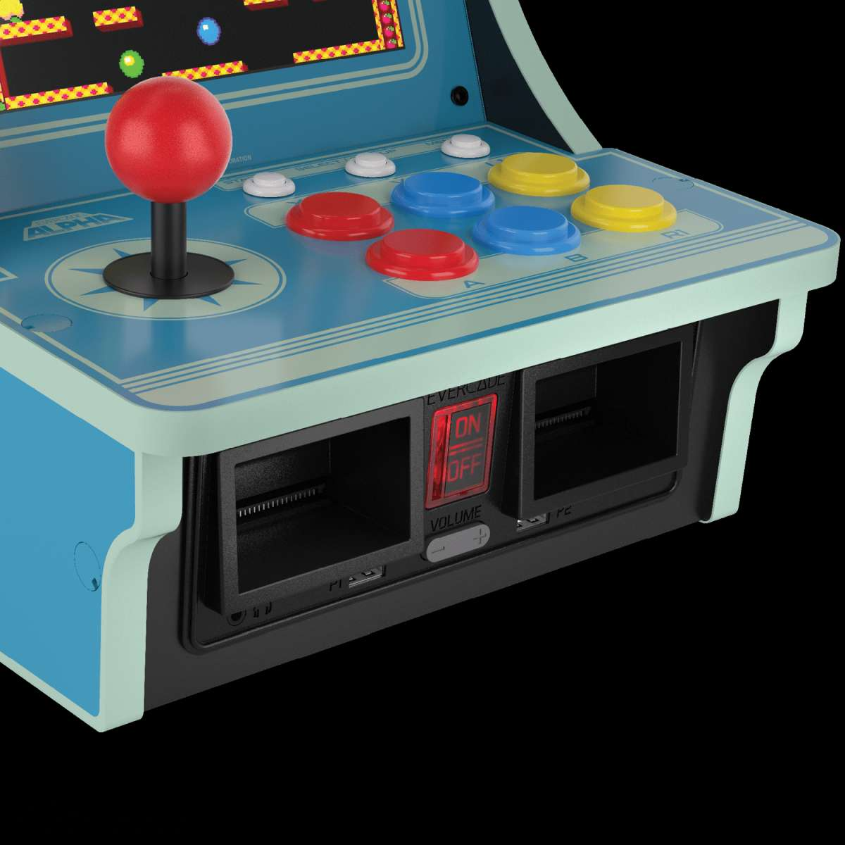 Zbliżenie konsoli do gier arcade w stylu retro. Ma czerwony joystick, kolorowe przyciski i włącznik/wyłącznik. Tło jest czarne.