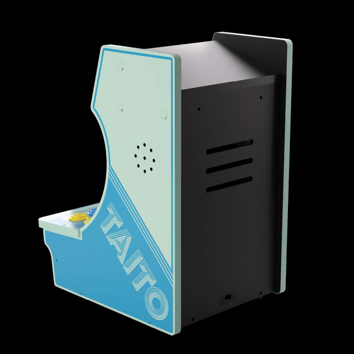 Widok z boku automatu do gry Taito. Jest niebiesko-biały, z logo Taito z boku i czarnym tyłem.