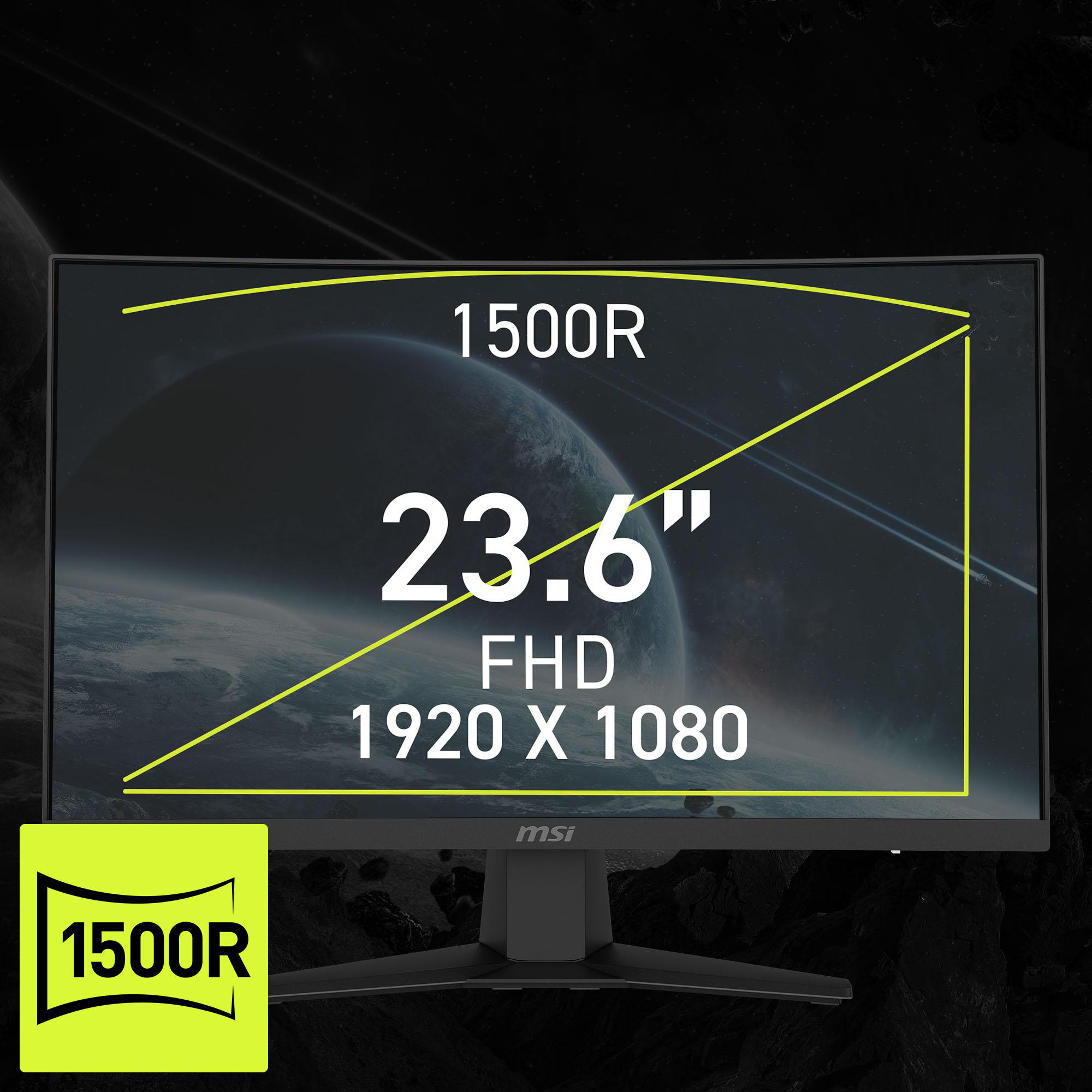 Gebogener Computermonitor mit Details: 1500R, 23,6", FHD, 1920 x 1080. Schwarzer Ständer, gelbe Markierung.