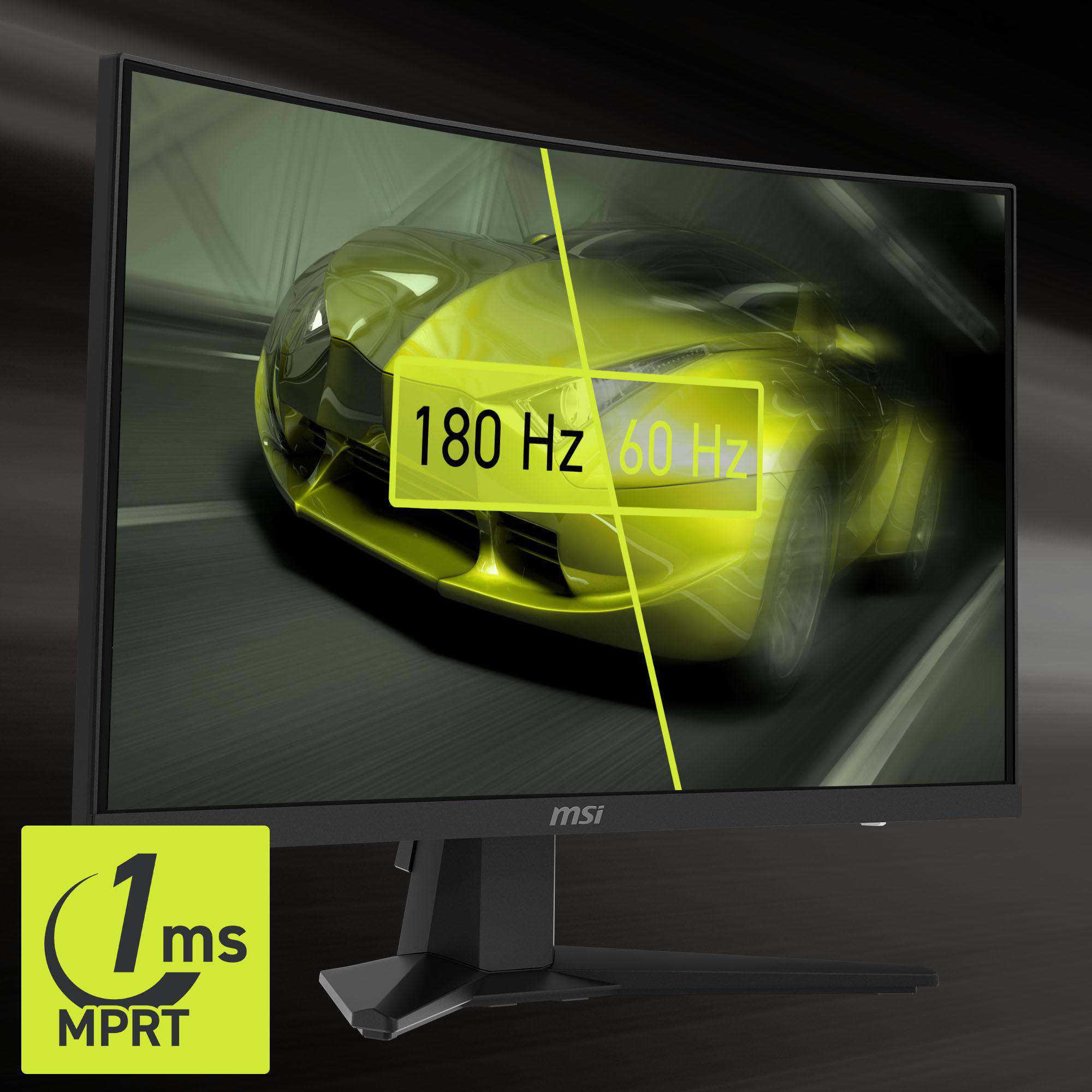 Gebogener Computermonitor. Zeigt Specs: 180 Hz/60 Hz, 1ms MPRT. Schwarzer Monitor, gelbe Markierung.