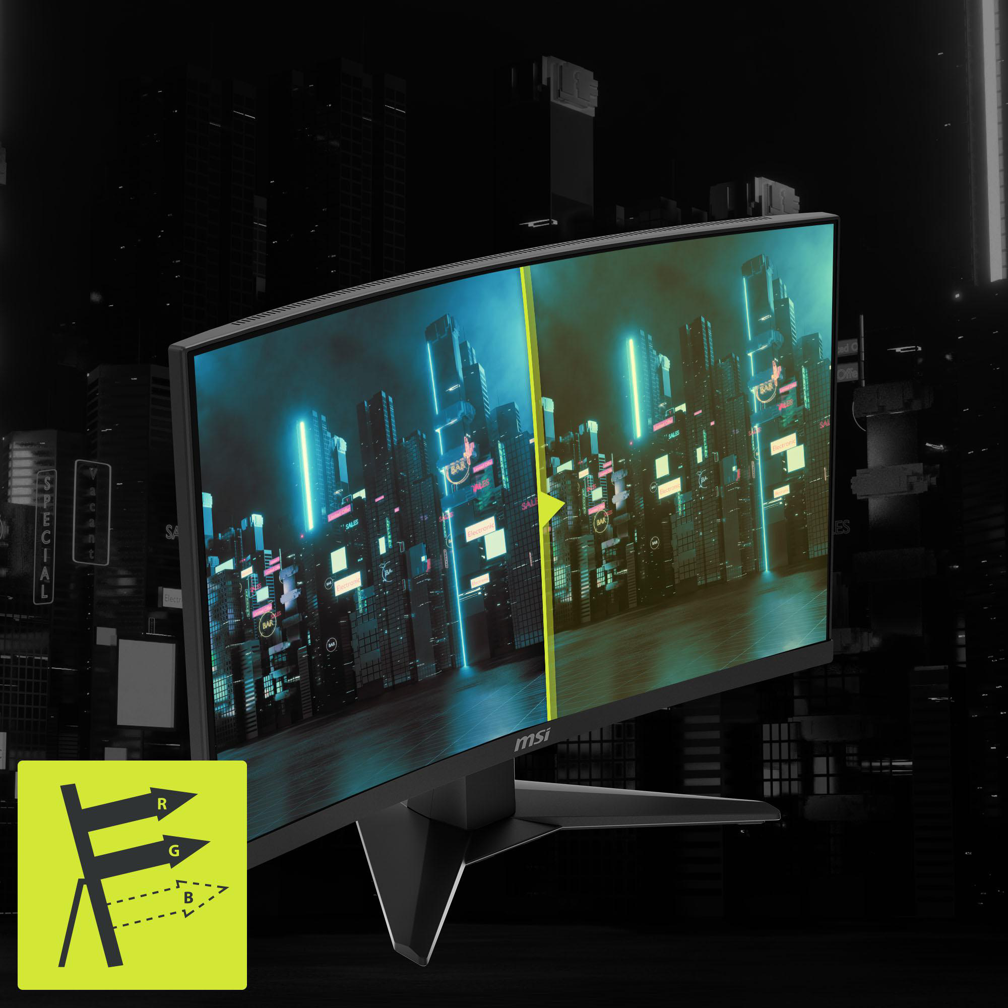 MSI-Monitor mit nächtlicher Stadtansicht auf dem Bildschirm. Farbvergleich auf dem Display.