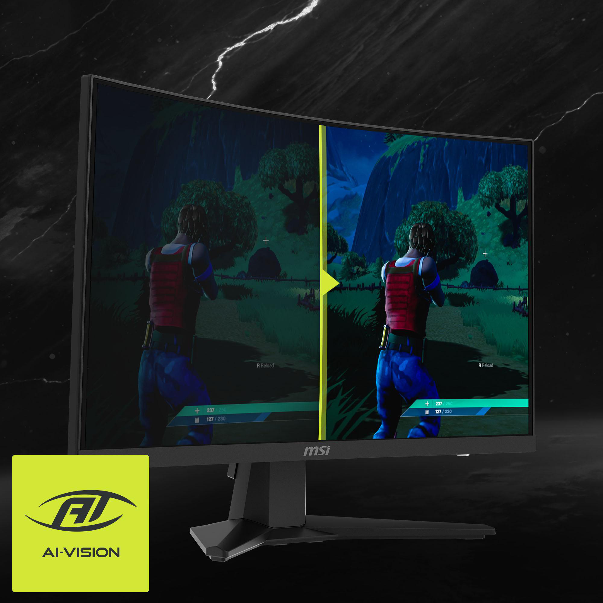 MSI-Monitor, der eine Spielszene anzeigt. Farbvergleich auf dem Bildschirm, mit Logo.