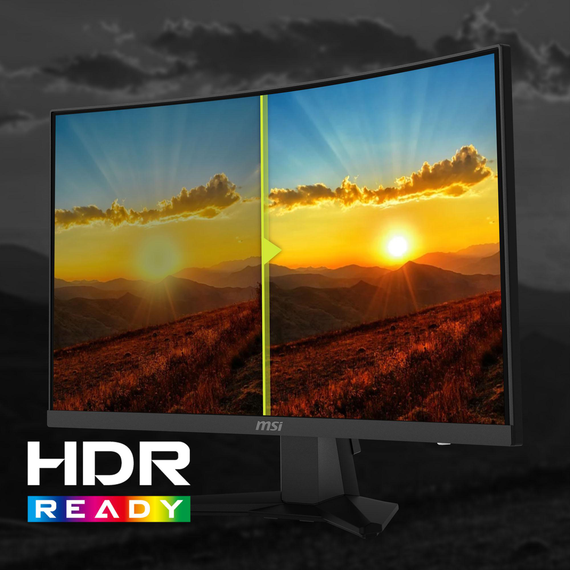 MSI-Monitor mit einer Sonnenuntergangsszene. Farbvergleich auf dem Bildschirm. HDR-bereit.