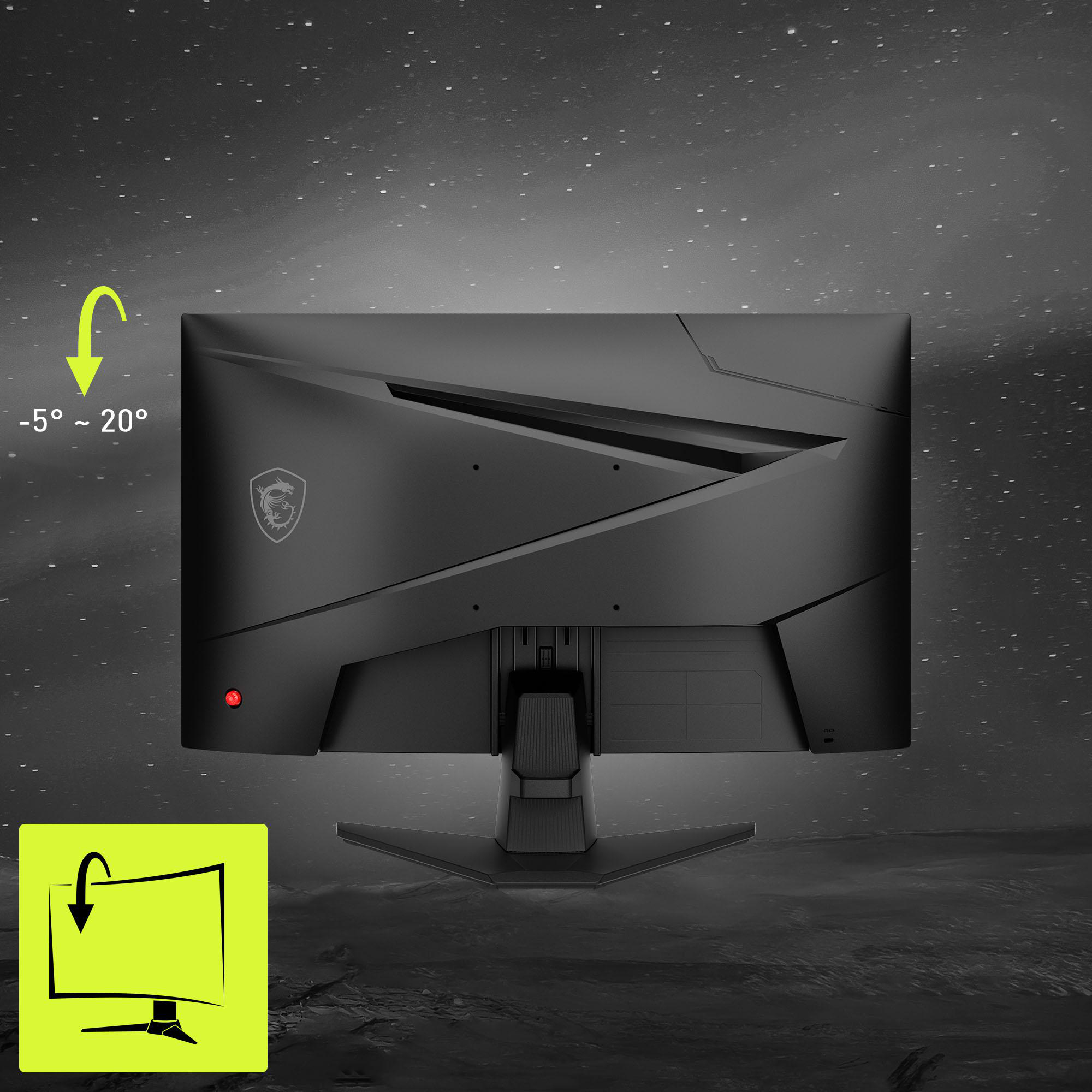 Rückansicht eines MSI-Monitors. Einstellbereich und Logo werden angezeigt. Schwarzer Hintergrund.