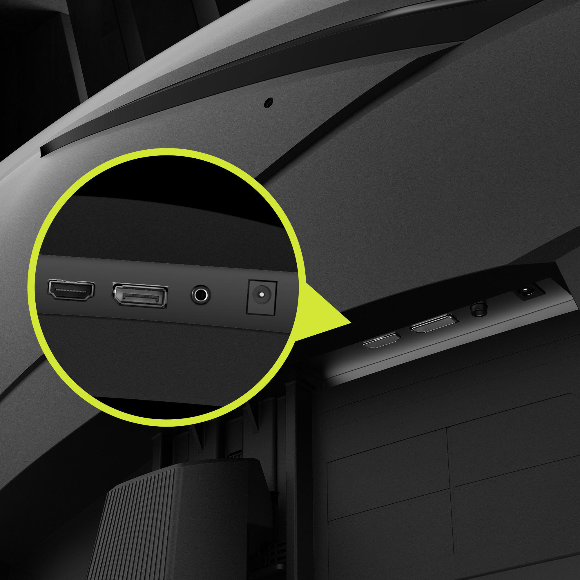 Nahaufnahme der MSI-Monitoranschlüsse. DisplayPort, HDMI, Audioanschluss und Stromanschluss.