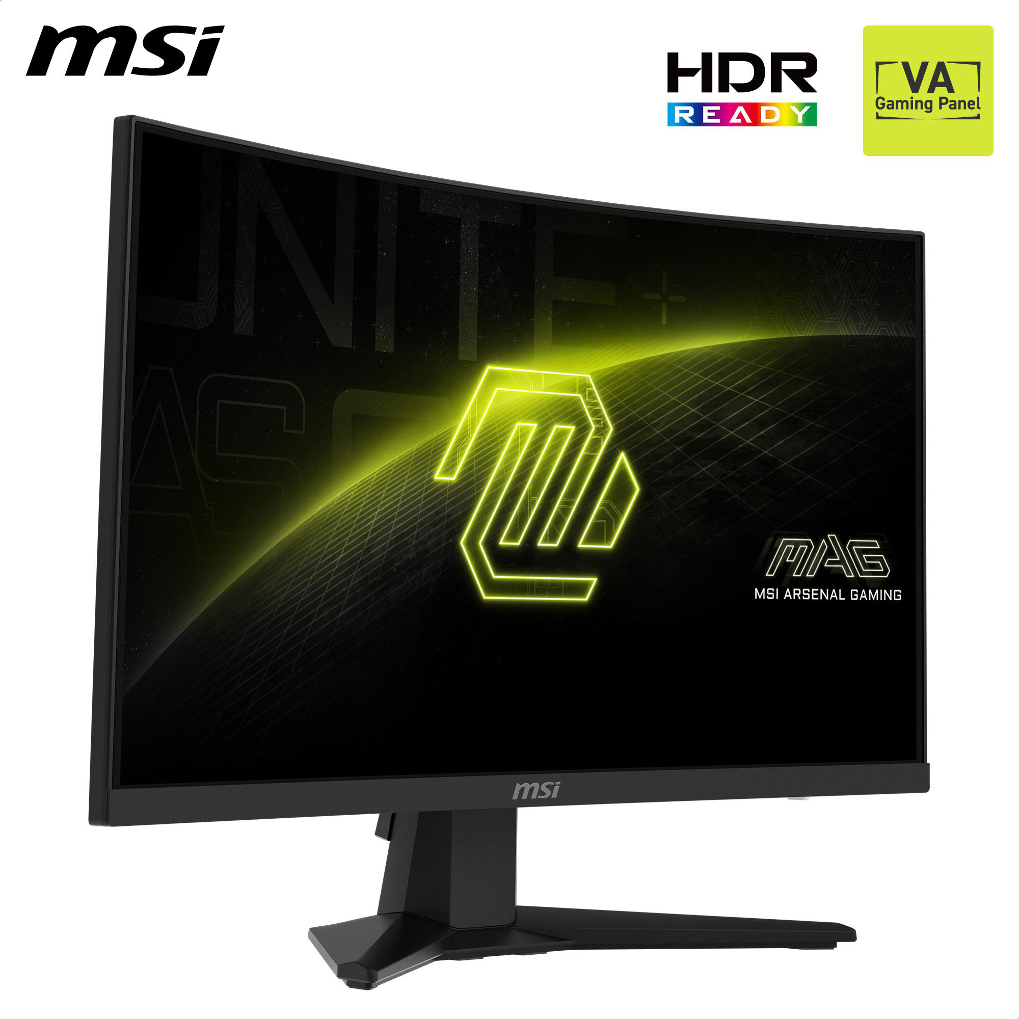 MSI-Monitor auf weißem Hintergrund. Der Bildschirm zeigt ein Logo. HDR-fähig und VA-Panel.