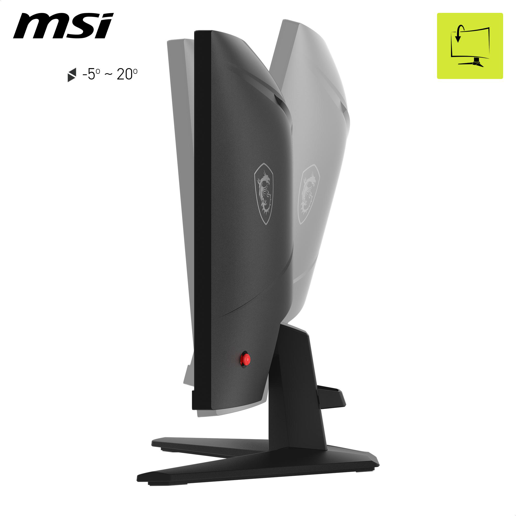 MSI-Monitoreinstellbereich. Neigungswinkel wird angezeigt. Rückseite des Monitors und Logo sichtbar.