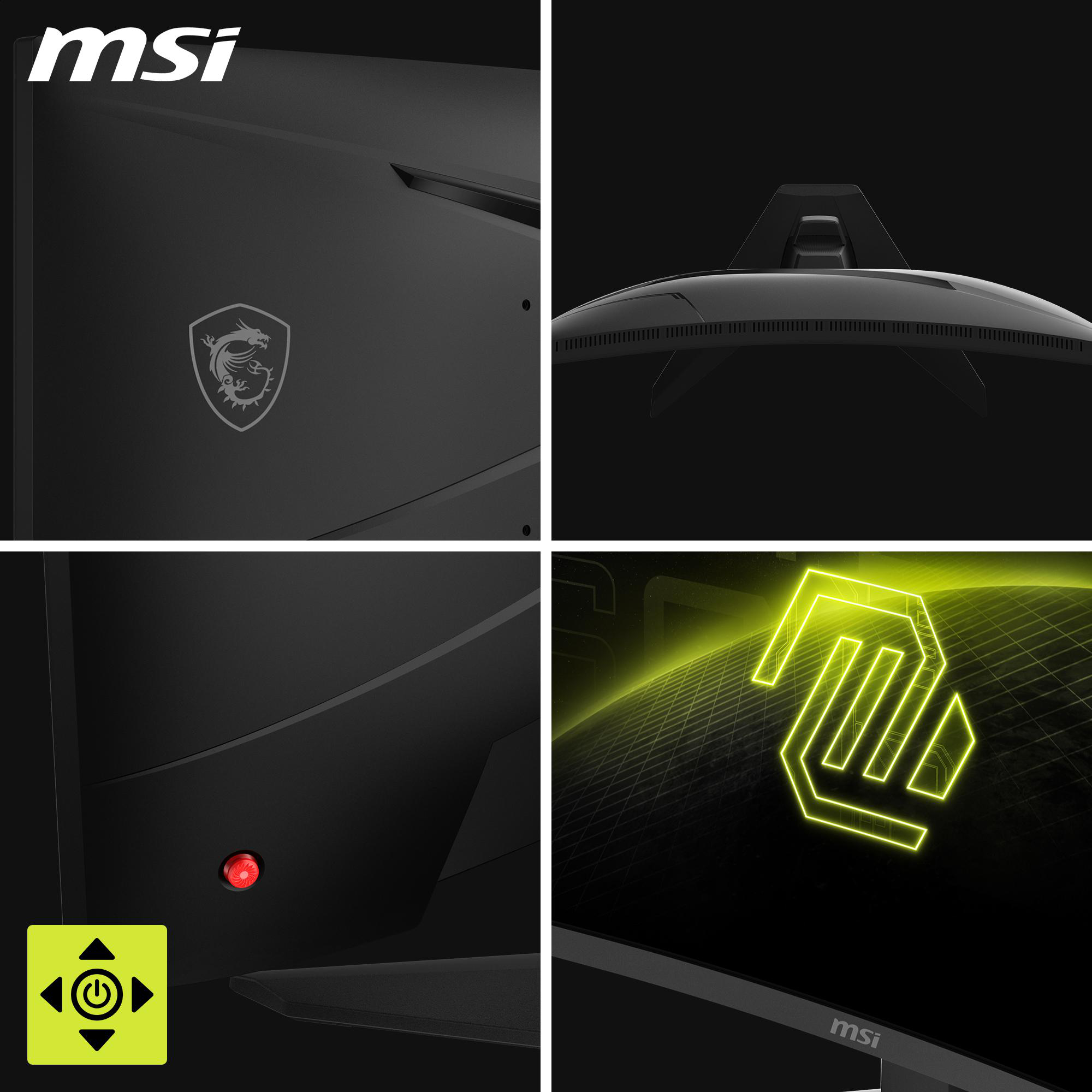 Nahaufnahme des MSI-Monitors. Details von Rückseite, Logo und Steuertaste. Neon-Logo auf dem Bildschirm.