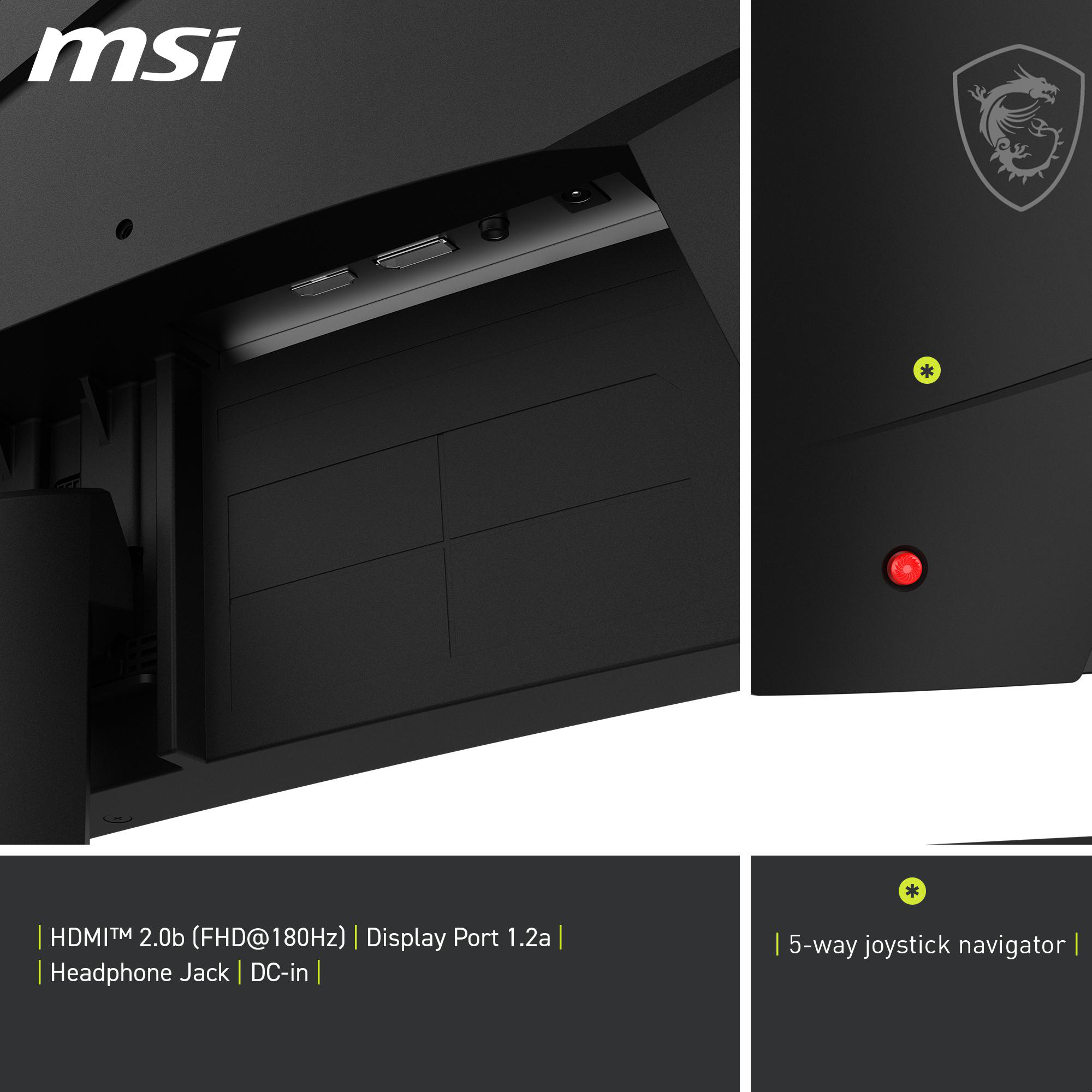 Nahaufnahme der MSI-Monitoranschlüsse und Details. HDMI, DisplayPort, Audio, 5-Wege-Joystick.