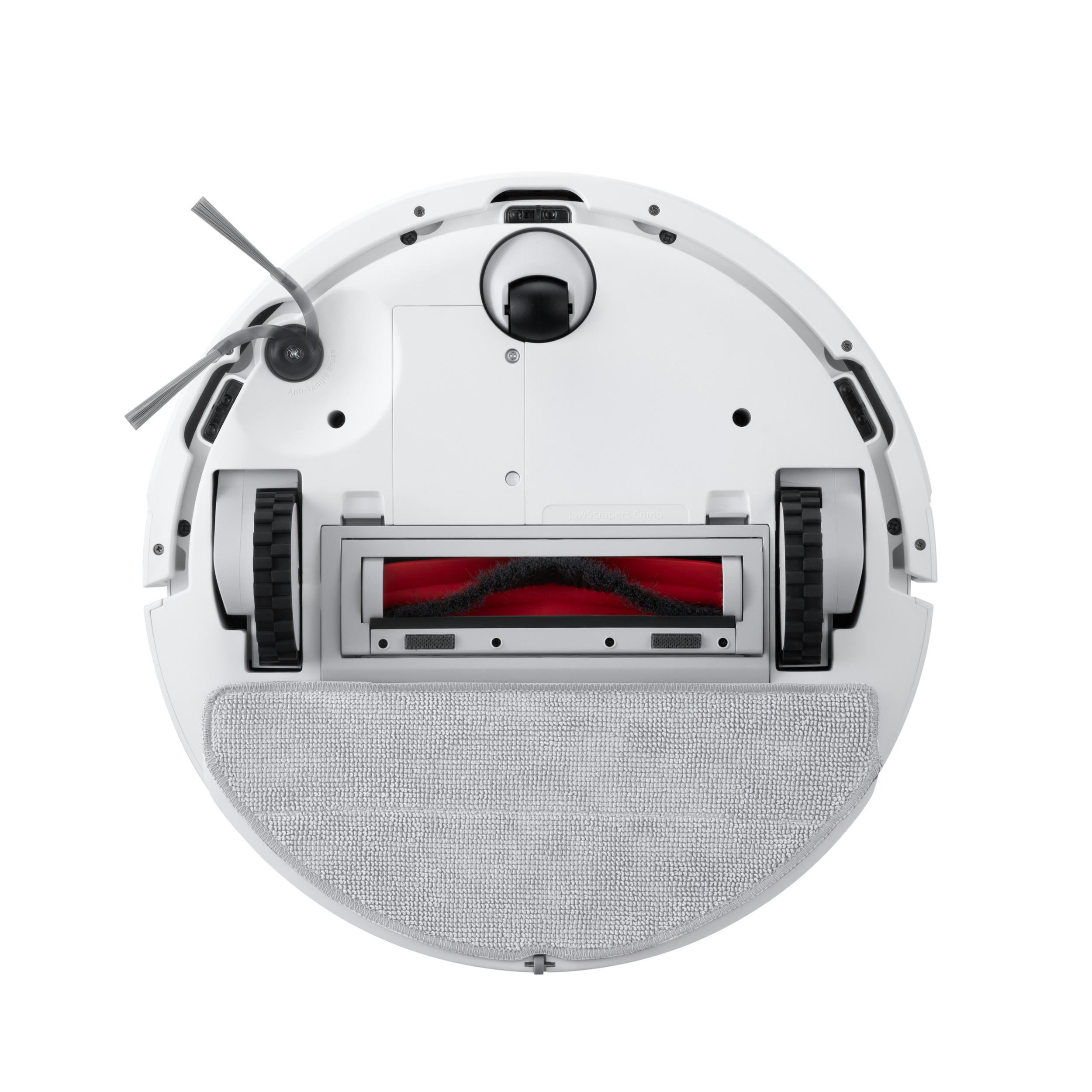Weiße Roboter-Staubsauger, Draufsicht, mit Bürsten und Rädern. Graues Tuch unten.