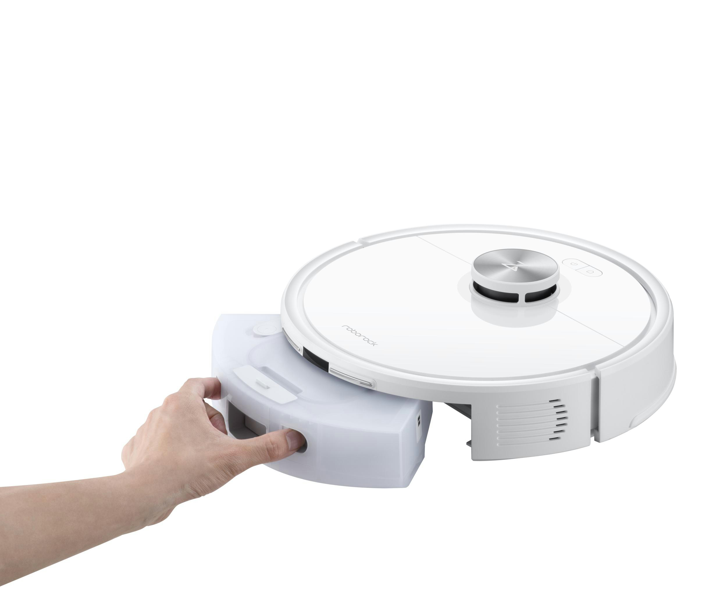 Weißer Roboter-Staubsauger, Seitenansicht. Eine Hand öffnet den Staubbehälter.