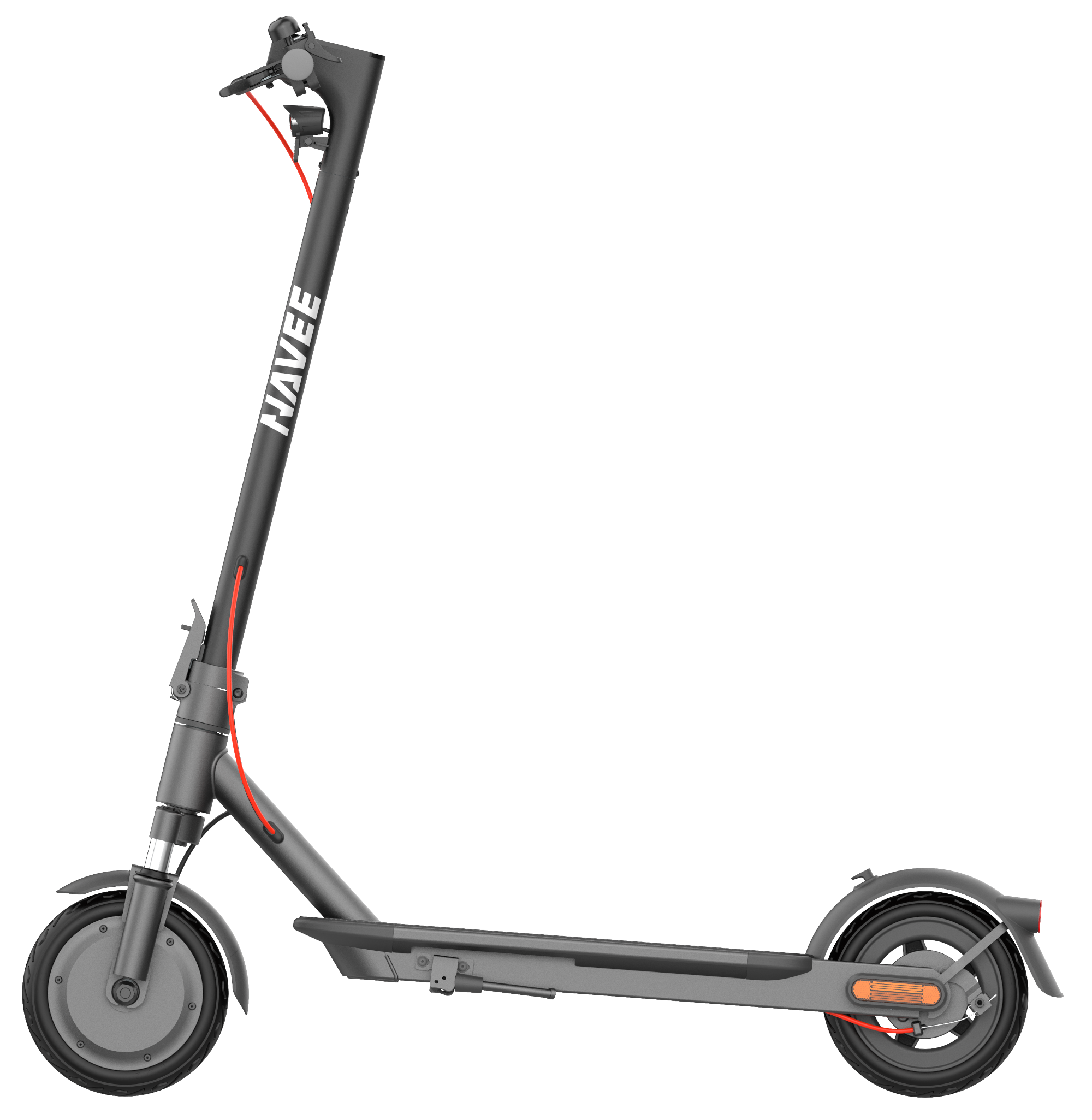 Fekete HAVEE elektromos roller fekete háttéren. A roller oldalsó nézete.