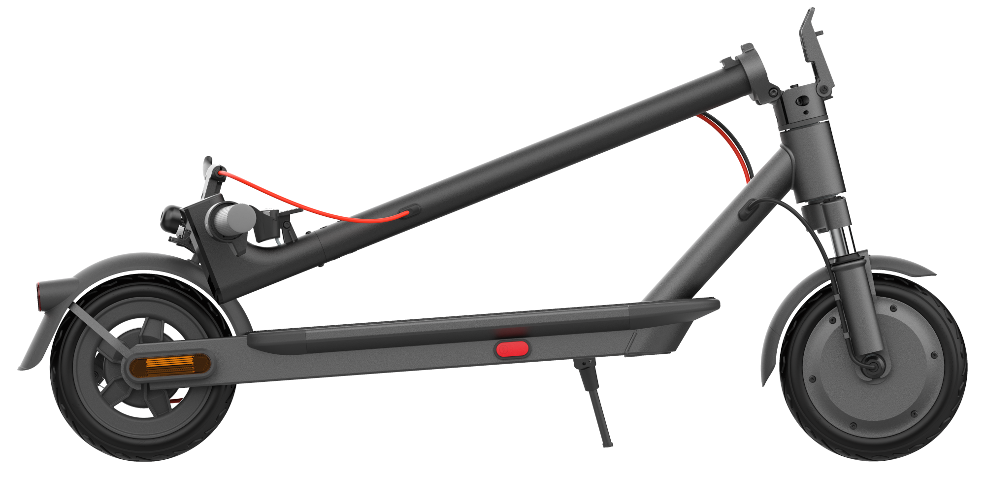 Fekete HAVEE elektromos roller, oldalsó nézet. Piros kábel fut a rolleren.
