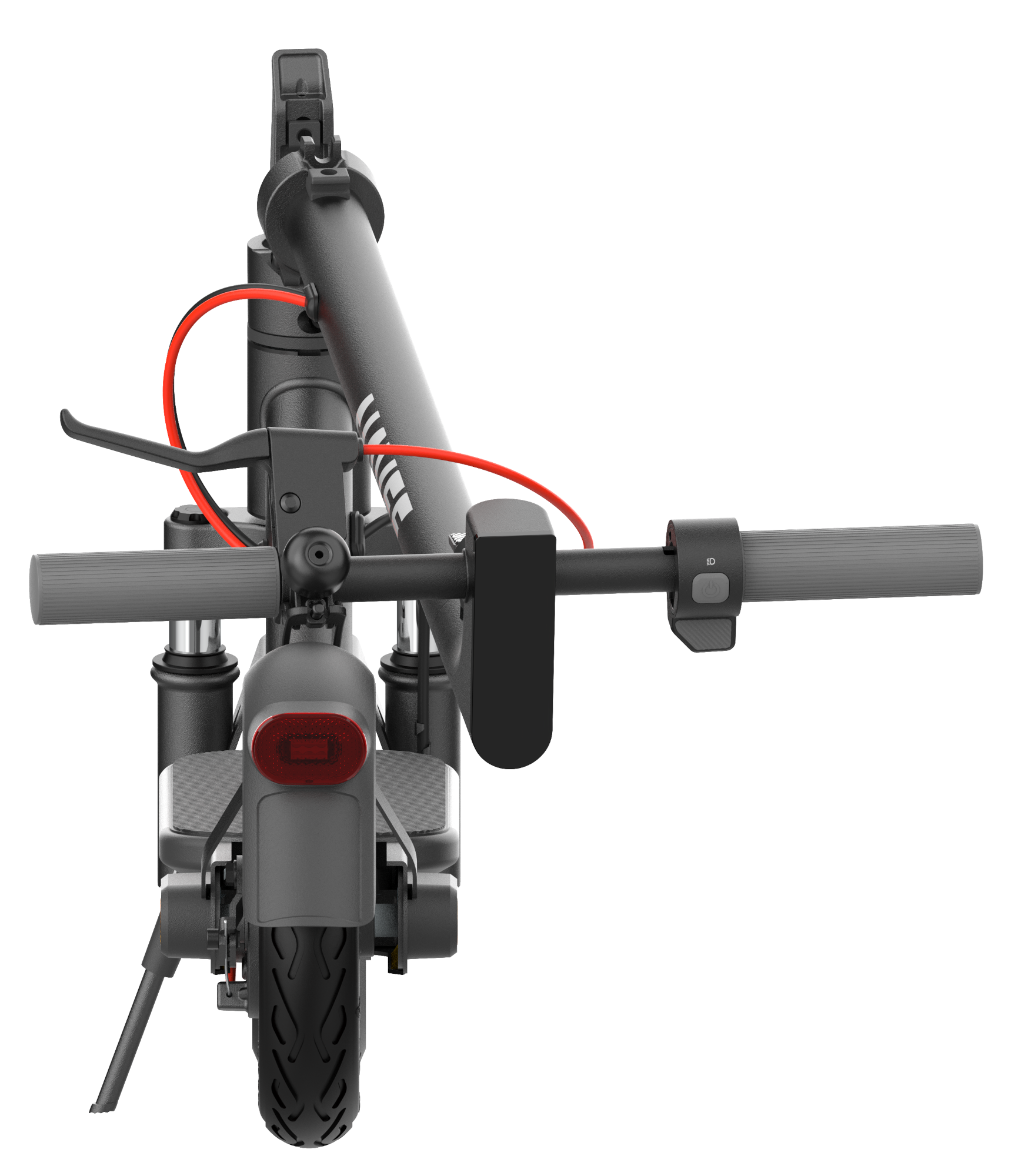 Fekete elektromos robogó felülnézetben, izolálva.