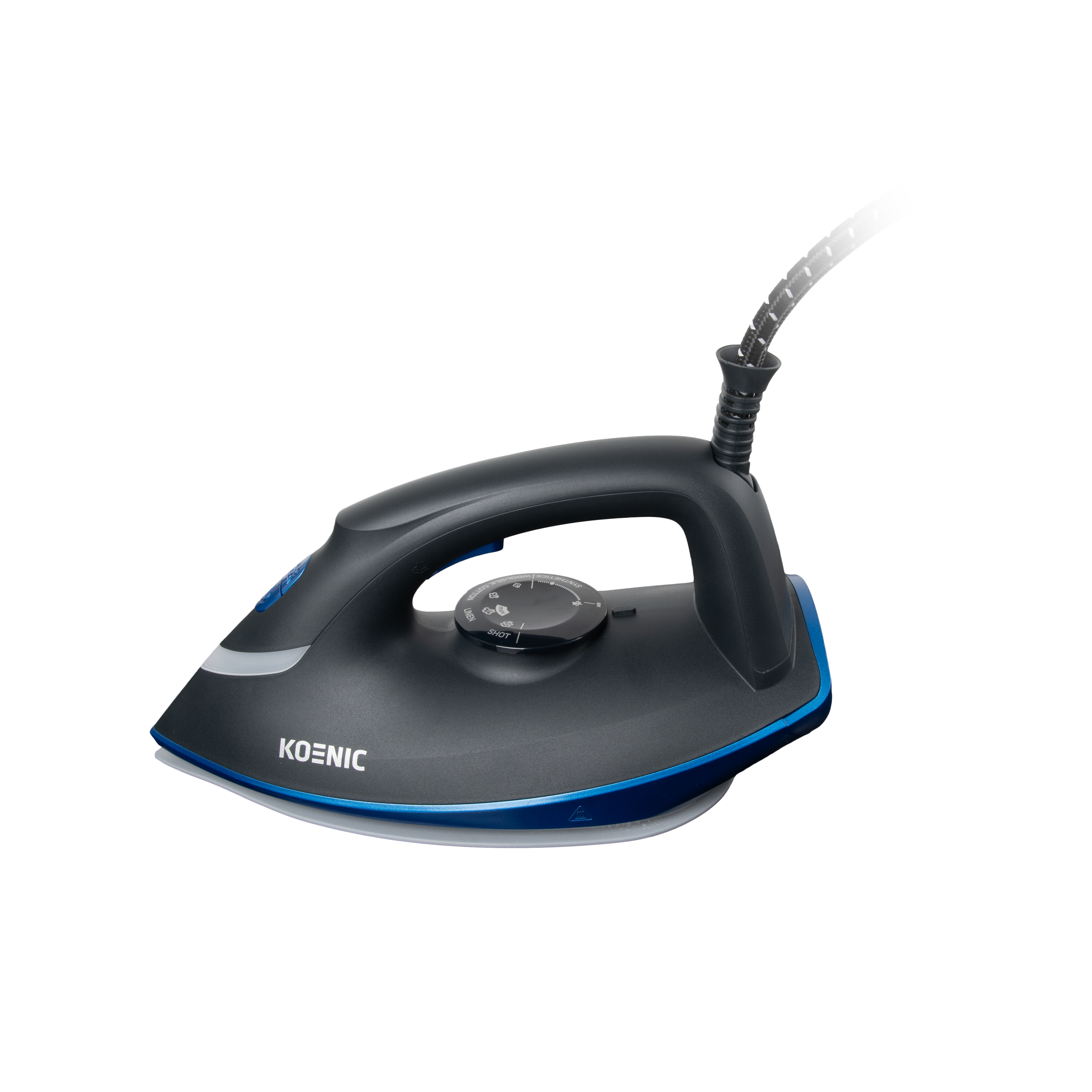 Schwarzes und graues Bügeleisen mit blauer Linie und schwarzem Netzkabel.