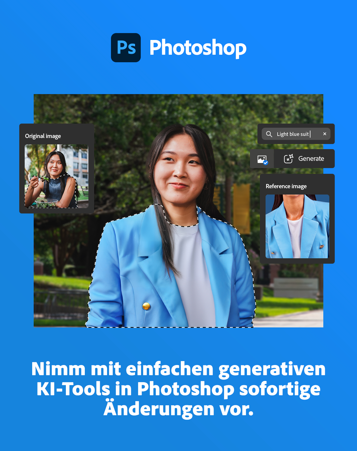 Frau in blauem Jackett lächelt, mit Photoshop-Oberfläche, die Bildbearbeitungs- und Generierungswerkzeuge zeigt.