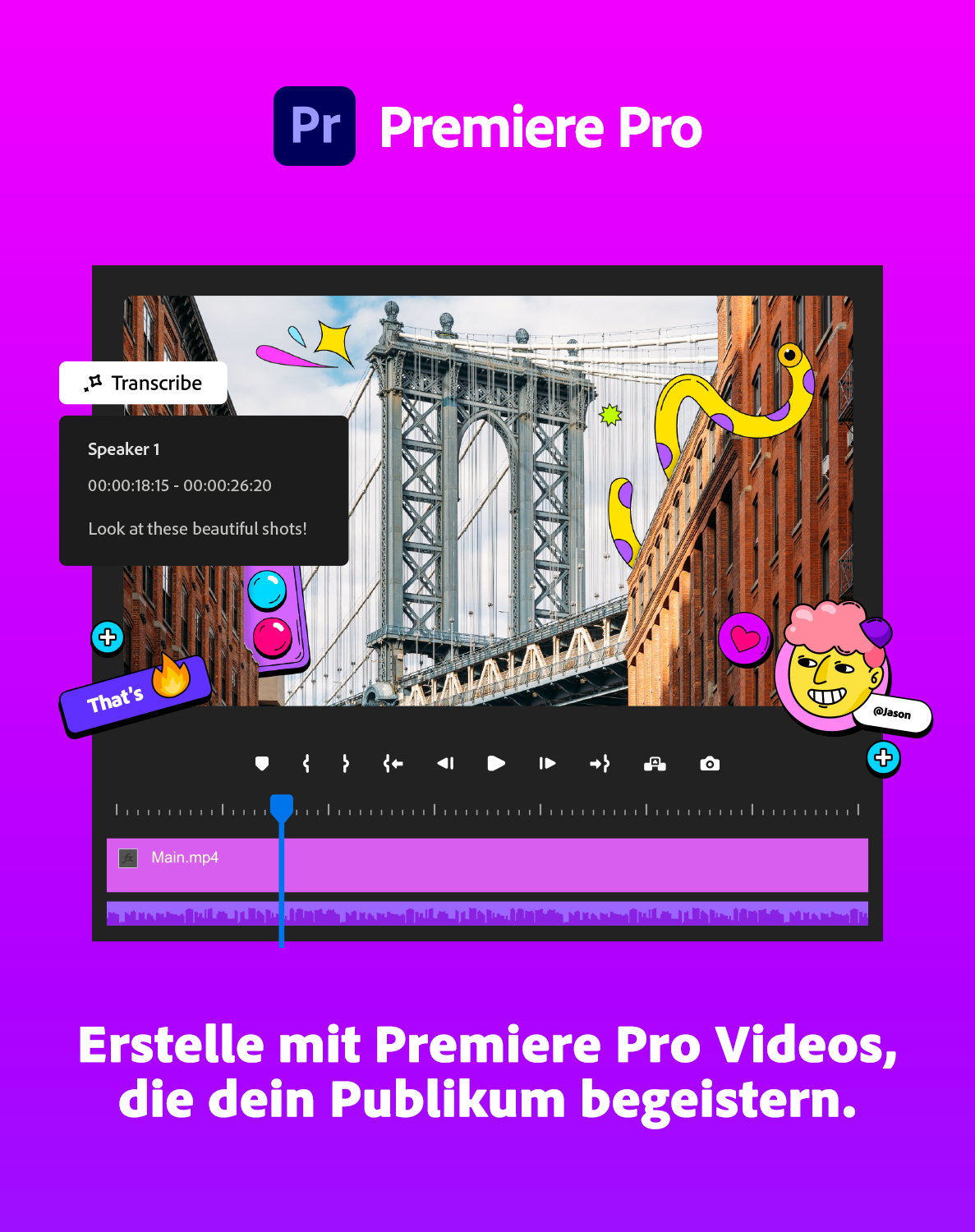 Premiere Pro-Oberfläche, die eine Video-Timeline mit Brückengrafiken und animierten Elementen zeigt.