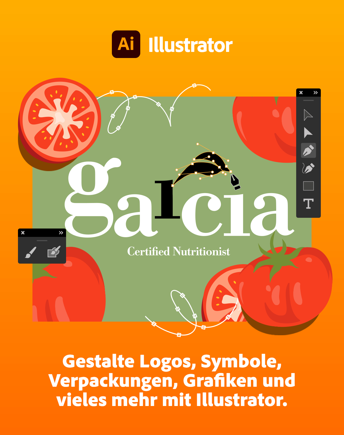 Illustrator-Oberfläche mit Tomaten und dem Wort 'Garcia'. Enthält eine Zeichnung eines Blattes und Stiftwerkzeuge.