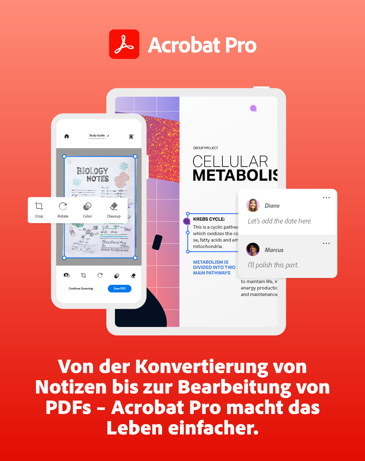 Acrobat Pro-Oberfläche, die Telefon, Tablet und Dokument mit bearbeiteten Notizen zeigt.