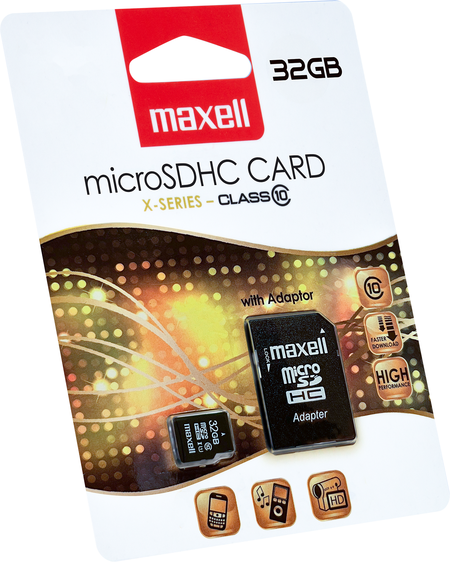 Maxell microSDHC kártya adapterrel, fekete kártya, 32GB, ferdén csomagolva, ikonokkal.