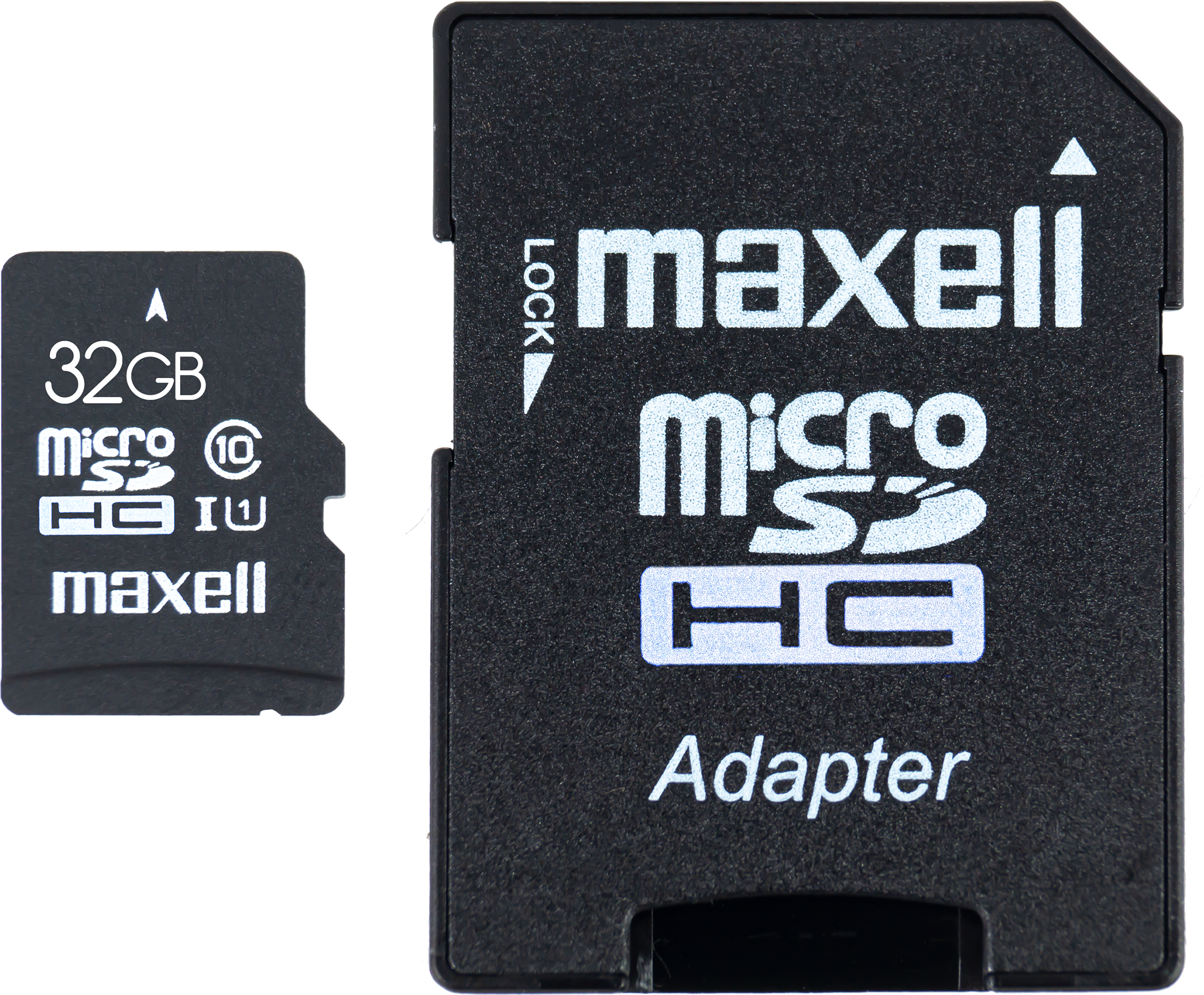 MicroSDHC kártya és adapter a Maxelltől. Fekete, 32GB, zárral jelölve. Nagy teljesítmény.