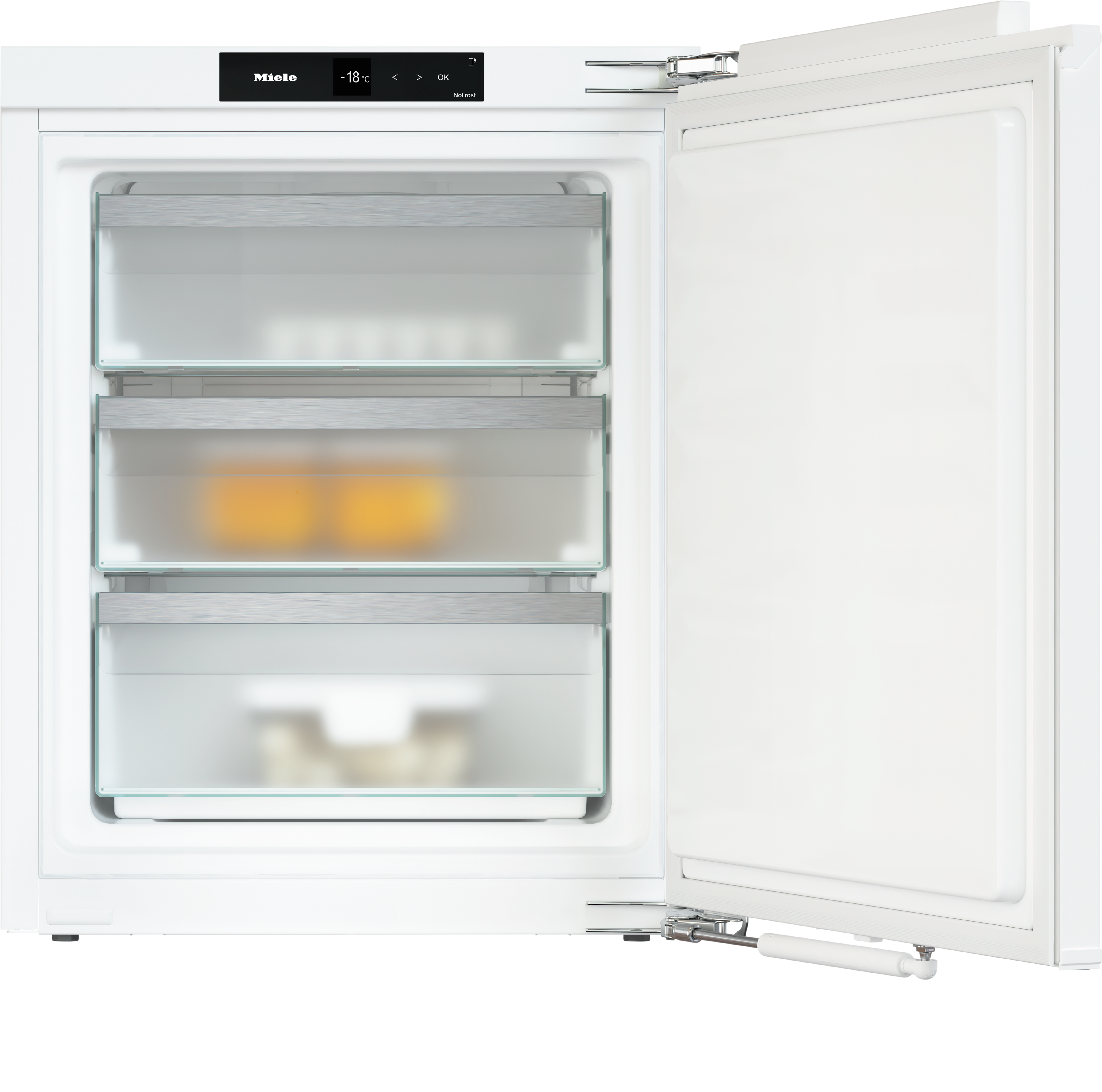 Weißer Kühlschrank, Tür offen, mit Glasböden und Essen. Schwarzes Miele-Logo oben.